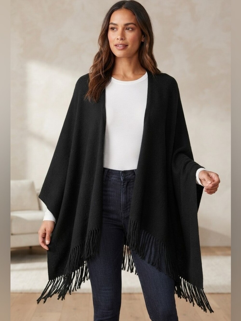 Rikka Black Open Front Fringe Cape Poncho - One Size / Free Size